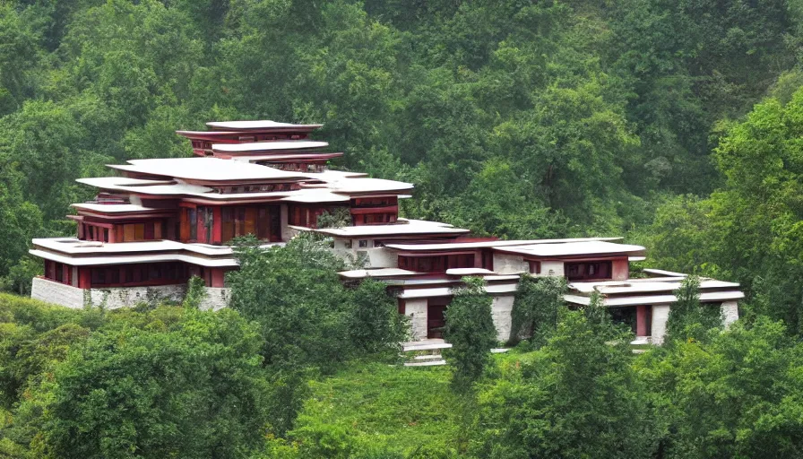 Image similar to tibetan architecture villa, on a green hill, overlooking a valley with trees, frank lloyd wright, le corbeusier, photorealistic, birds eye view