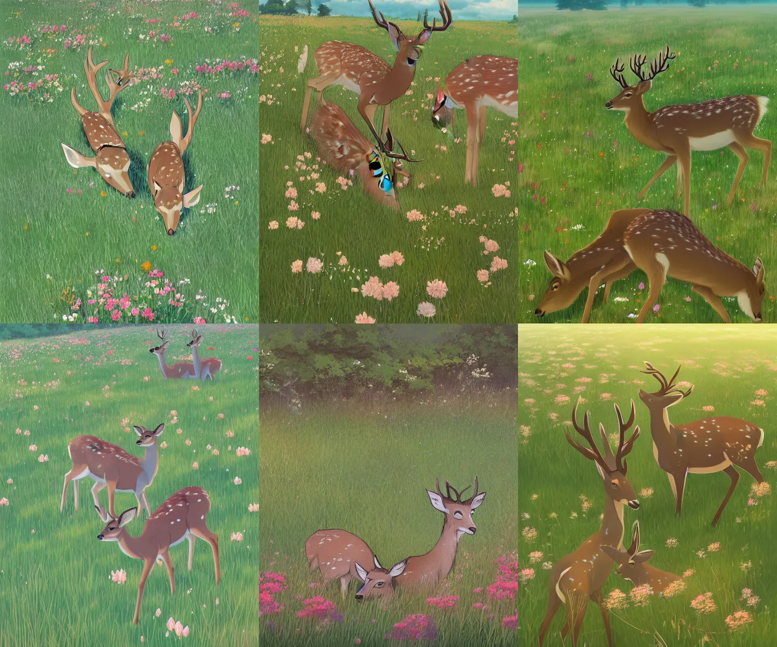 Prompt: two deer nuzzling each other in a field of flowers, art by Makoto Shinkai