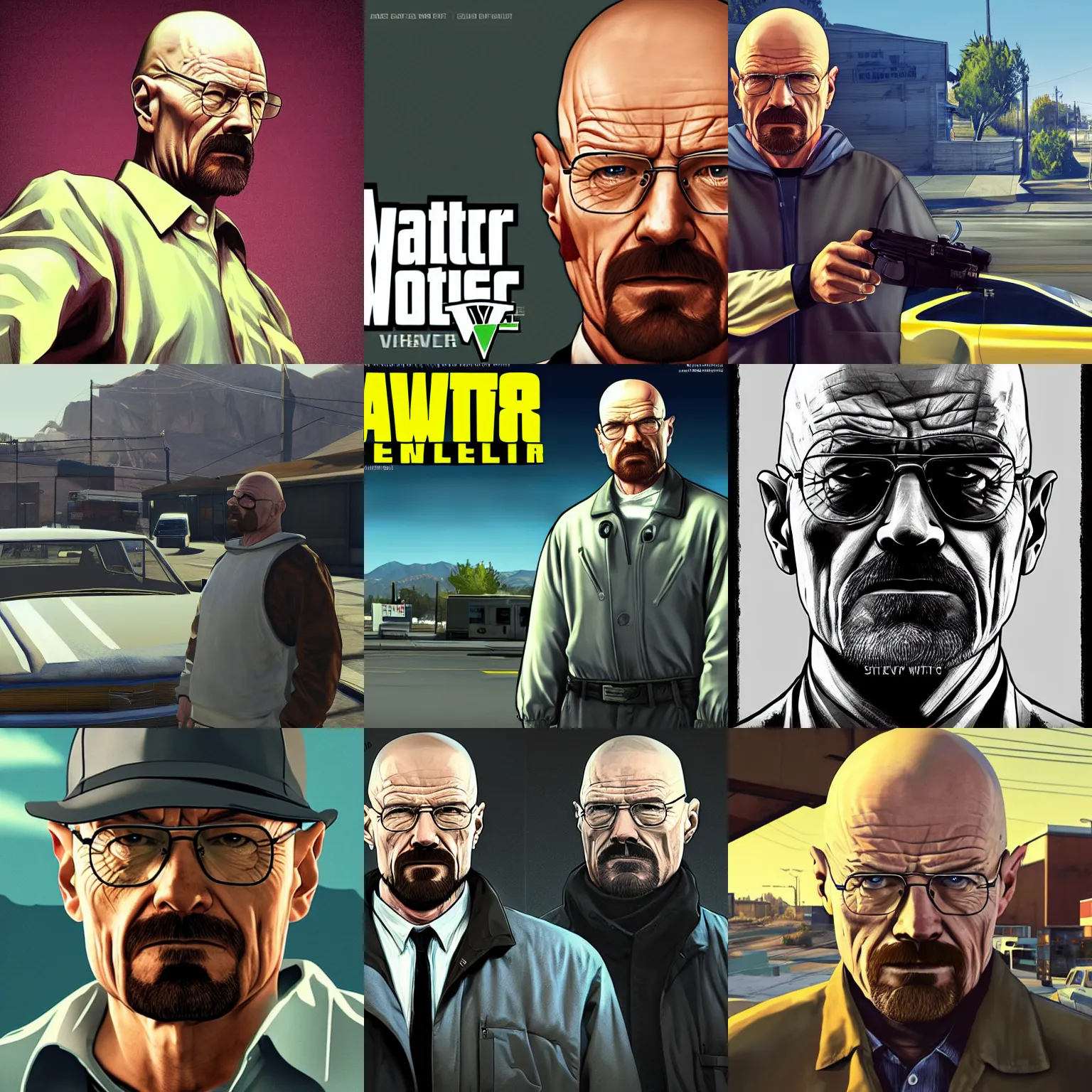 Image similar to Walter White in GTA V, cover art by Stephen Bliss, artstation, no text
