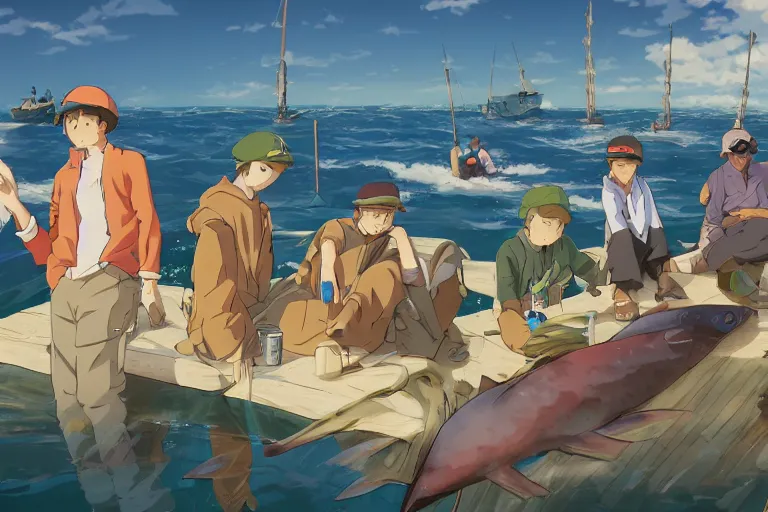 Image similar to cell shaded anime key visual of a group of fisherman trying to sell fish on the docks of a coastal fantasy city in the style of studio ghibli, moebius, makoto shinkai, dramatic lighting