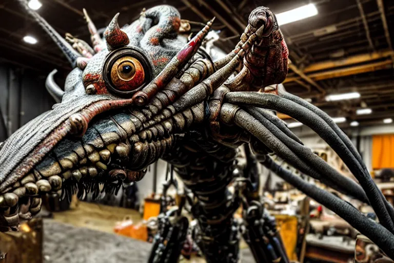 Image similar to wide angle photo taken of an epic intricate, ultra detailed, super realistic gritty, hero prop, exquisitely painted animatronic movie prop of a lifelike sculpture of a nightmarish creature displayed in the workshop, created by weta workshop, full body shot, photorealistic, sharp focus