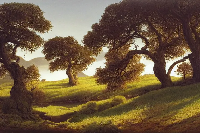 Image similar to masterpiece painting of oak trees on a hillside overlooking a creek, dramatic lighting, by john howe