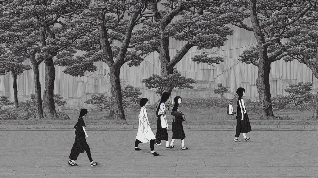 Prompt: a very high detailed image of Two women start crossing the road in front, very high detailed screen print by Kawase Hasui and dan hillier, 8k unreal engine