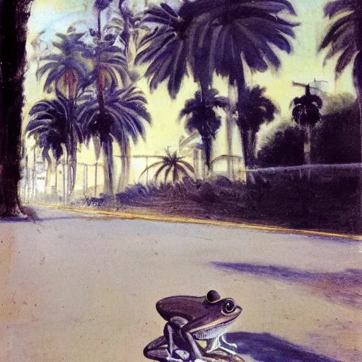 Prompt: painting of a bipedal frog walking down the hollywood walk of fame, palm trees, francisco goya