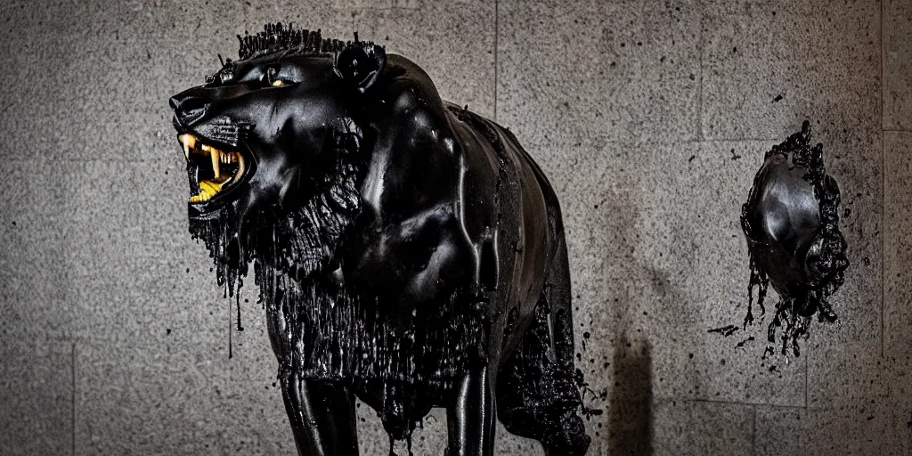 Image similar to the black lioness made of tar, dripping tar, drooling ferrofluid, melting through the hallway air vent. dslr, photography, animal photography, realistic, detailed