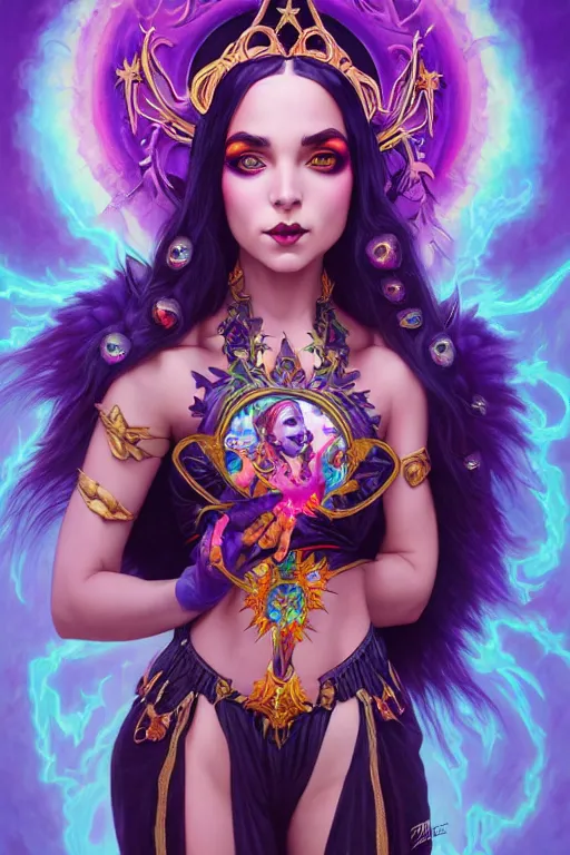 Prompt: a full body portrait of the lisa frank world of warcraft character art, gothic, highly detailed, digital painting, crown of skulls, artstation, smooth, sharp focus, illustration, art by artgerm and greg rutkowski and alphonse mucha and william - adolphe bouguereau