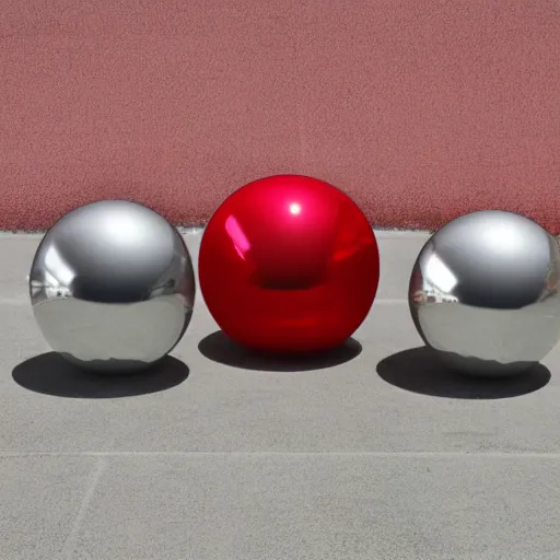 Prompt: stainless steel spheres on a red cube