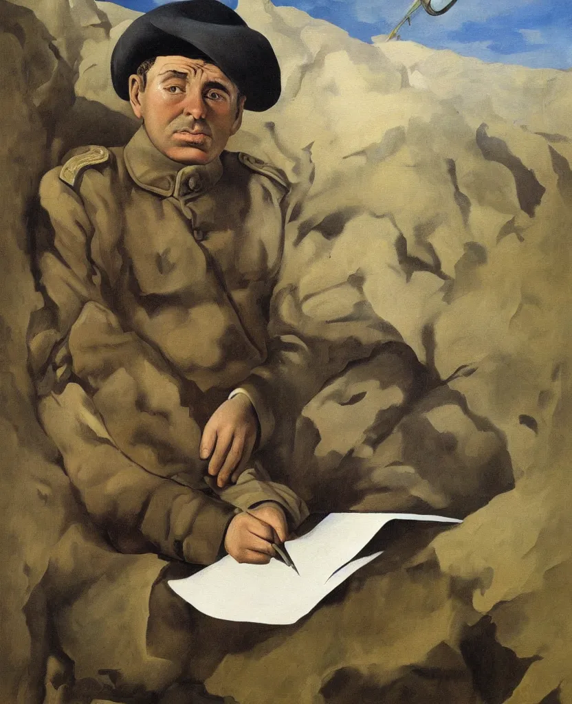 Prompt: a beautiful painting of an italian soldier from world war 2 sitting in the trench, writing a letter, magritte