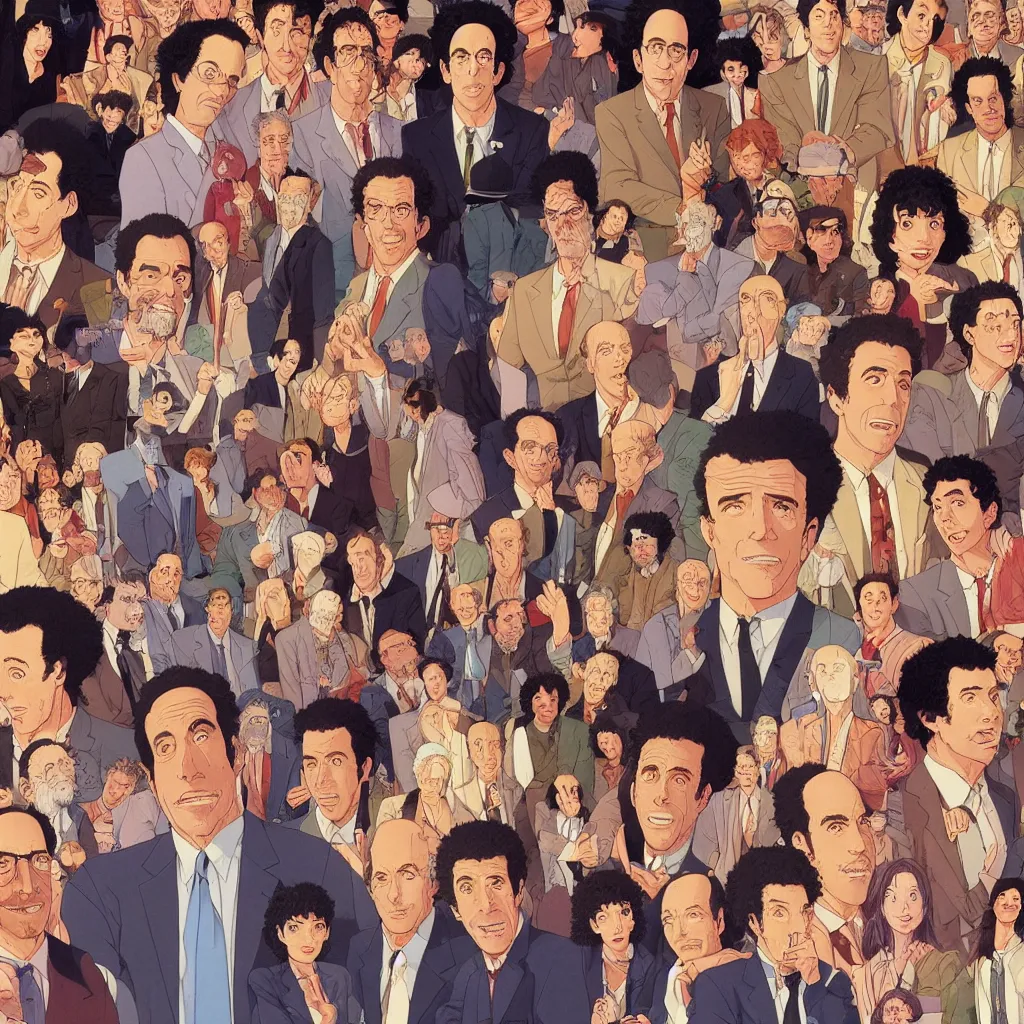 Image similar to highly detailed illustration of all the known species of seinfeld cast, jewish, yiddish, kosher and gentile by juan gatti, by makoto shinkai, by moebius!, by oliver vernon