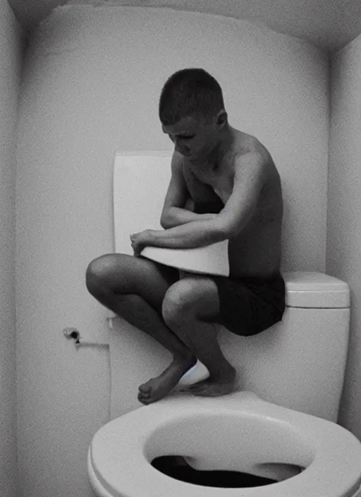 Prompt: tiny man stuck inside a toilet with only his head out, bad quality, shaky camera, funny