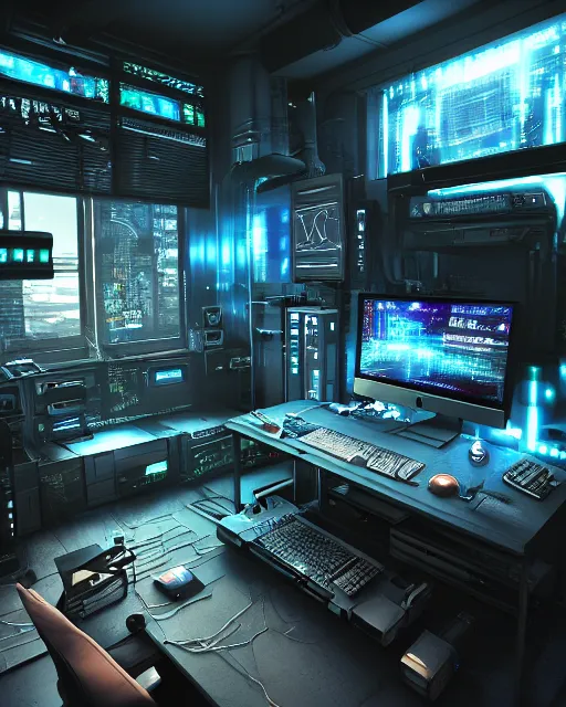 Prompt: artstation cyberpunk scifi scene of a complex computer workstation in a small studio apartment room, many monitors, many electronics, a window view, very detailed, maximalism, ambient occlusion, volumetric light, atmospheric haze, unreal engine, hyper realism, realistic shading, cinematic composition, realistic render, octane render, detailed textures, photorealistic, wide shot