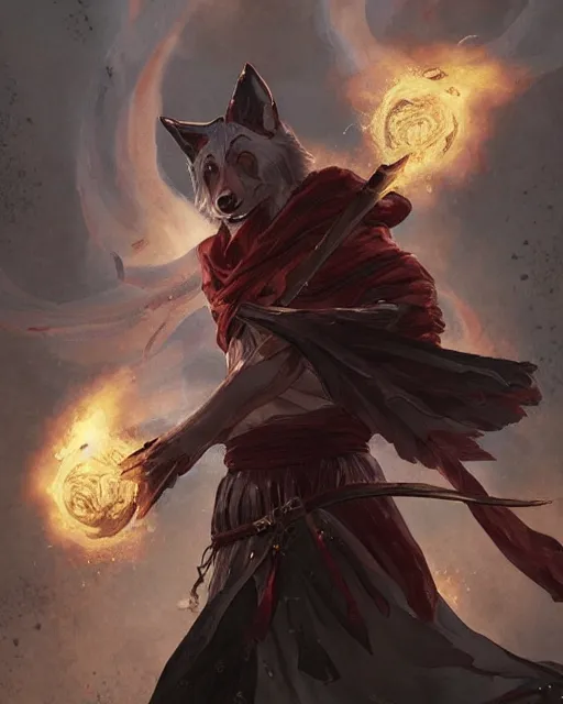 Image similar to Kitsune Fox Sorcerer, magic the gathering artwork, D&D, fantasy, cinematic lighting, centered, symmetrical, highly detailed, digital painting, artstation, concept art, smooth, sharp focus, illustration, volumetric lighting, epic Composition, 8k, art by Akihiko Yoshida and Greg Rutkowski and Craig Mullins, heroic pose, oil painting, cgsociety, Tree Woodland atmosphere