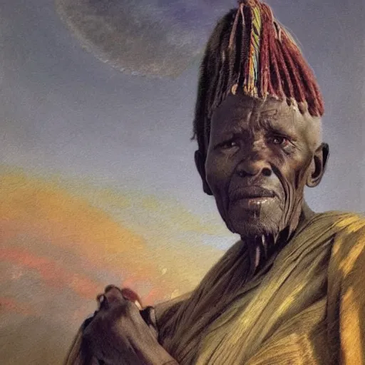 Image similar to a painting of a wise elder from Kenya by Henry Ossawa Tanner . dramatic angle, ethereal lights, details, smooth, sharp focus, illustration, realistic, cinematic, artstation, award winning, rgb , unreal engine, octane render, cinematic light, macro, depth of field, blur, red light and clouds from the back, highly detailed epic cinematic concept art CG render made in Maya, Blender and Photoshop, octane render, excellent composition, dynamic dramatic cinematic lighting, aesthetic, very inspirational, arthouse.