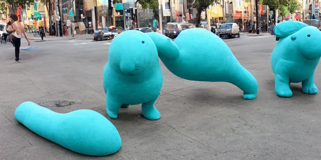 Prompt: huge turquoise weenies walk around the city