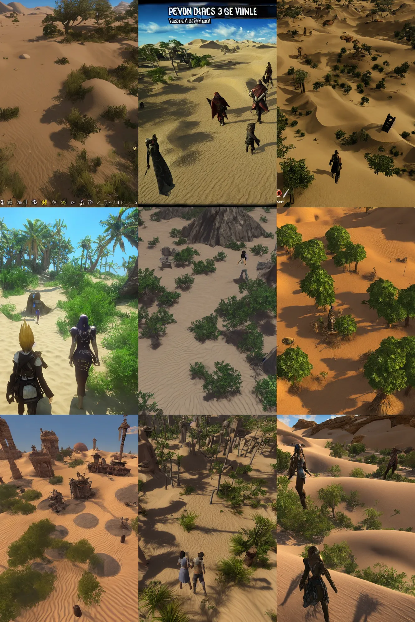 Prompt: gameplay walkthrough 3 rd person adventure game spiritual alien village in lush oasis of a vast flat empty sand desert with dunes, screenshot, final fantasy, square enix, jrpg, unreal engine, next gen graphics, rtx, cutscene, path tracing, high fidelity