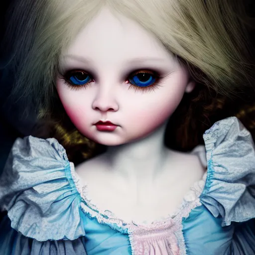 Image similar to cute porcelain doll natalie domer, mark ryden style, vivid colors, high details, cinematic, 8 k resolution, beautiful detailed, photorealistic, digital painting, dark atmosphere, artstation, concept art, smooth, sharp focus, illustration, fantasy background, artstation trending, octane render, unreal engine