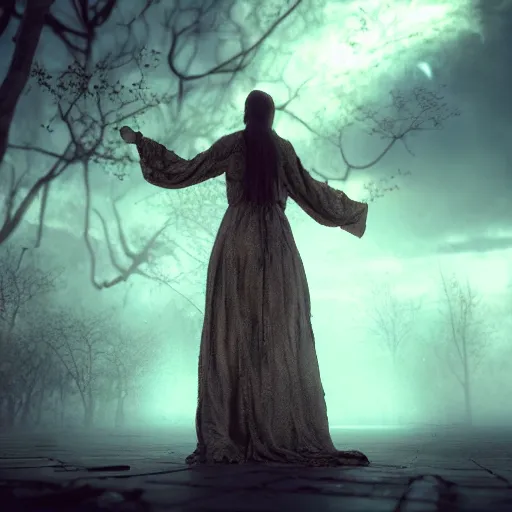 Prompt: a magical witch, radiating rebirth energy, art by caspar david friedrich, power auras, sigils, tattered cloth robes, substance 3 d painter, pbr textures, physical based rendering, cinematic, hyper realism, high detail, octane render, unreal engine, 8 k, vibrant colors, smooth gradients - n 9