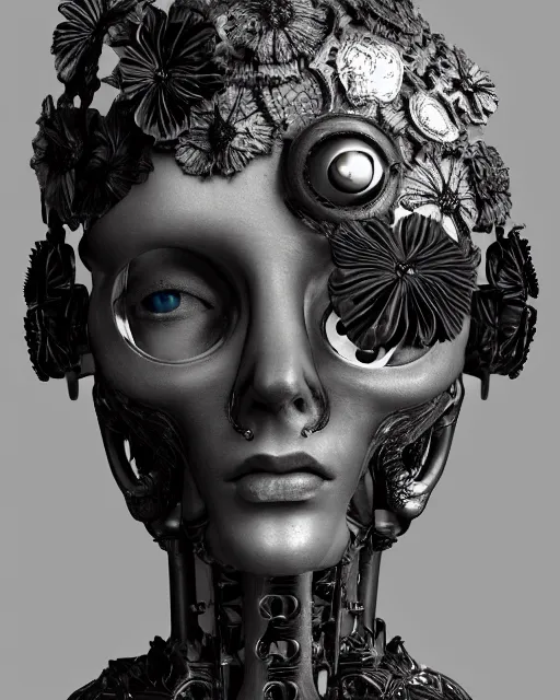 Image similar to black and white dreamy foggy smoky profile face portrait, one silver steampunk eye biomechanical beautiful young female cyclope - cyborg - robot bust, body ribs meshes,, volumetric light, hibiscus flowers, by hg giger, rim light, by dora maar and cecile beaton, big gothic fashion pearl embroidered collar, 8 k