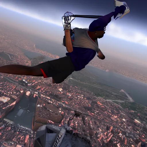 Prompt: Kobe Bryant jumping from a helicopter, hyper detailed, 8k resolution