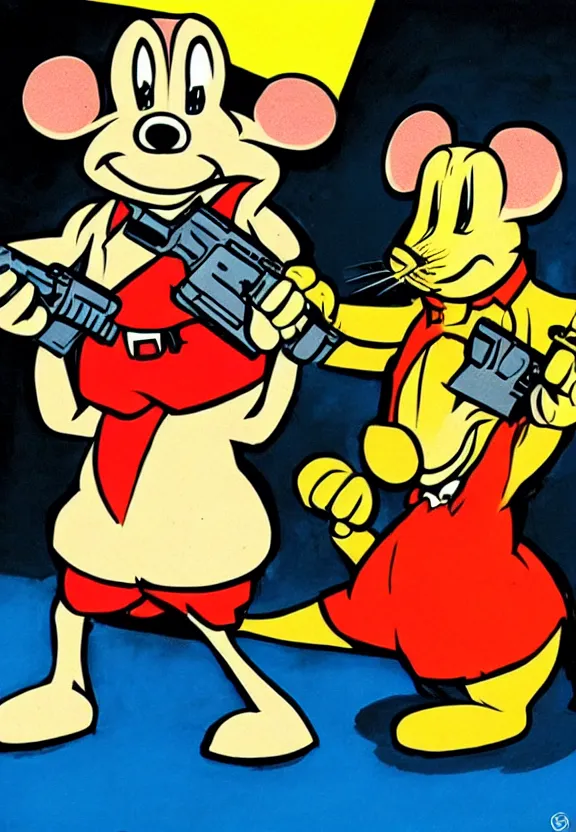 Image similar to an anthropomorphic mouse holding two guns, art by frank miller