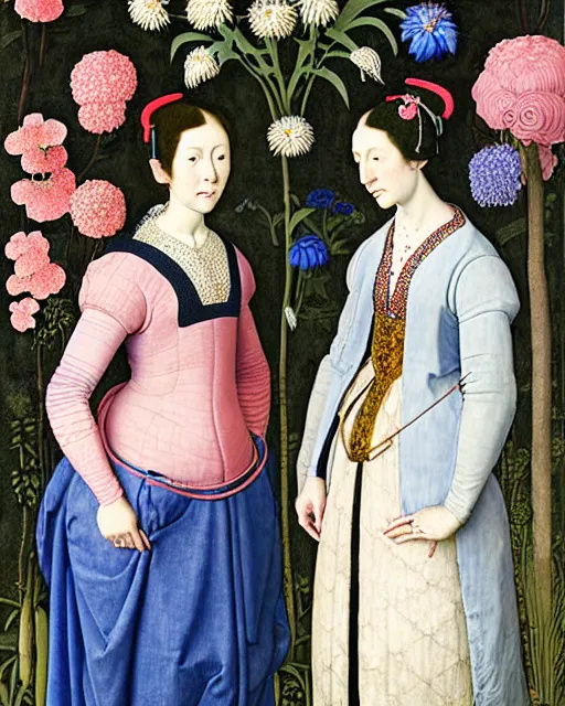 Image similar to portrait of two women with blue pink long hair wearing a blue jacket and baggy jeans, standing in a big garden full of plants and flowers, intricate details, high detail, in the style of rogier van der weyden and jacopo da pontormo, punk, asian art,