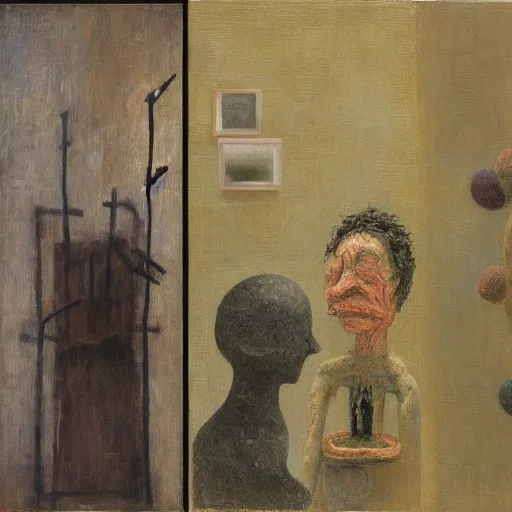 Prompt: a detailed, impasto painting by shaun tan and louise bourgeois of an abstract forgotten sculpture by ivan seal and the caretaker ( 1 8 9 9 )