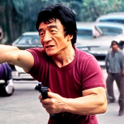 Prompt: a film still of jackie chan getting robbed in rio de janeiro