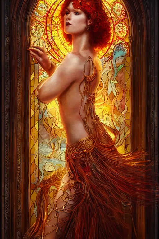 Prompt: ultra realist breathtaking detailed soft painting of a beautiful fire dancer girl, long fire hair, symmetrical facial features, christian saint, in the middle of an intricate stained glass of flames, art nouveau frame, by wlop, Tom Bagshaw , trending on artstation