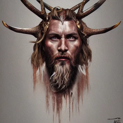 Prompt: Dramatic portraiture of Uuen, the Pictish god of stags, mixed media, trending on ArtStation, by Andrei Tarkovsky and ArtGerm and Lucian Freud,