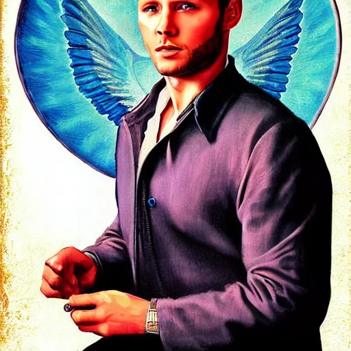 Image similar to Stunning portrait of handsome Jensen Ackles as an angel, in the style of norman rockwell, digital art