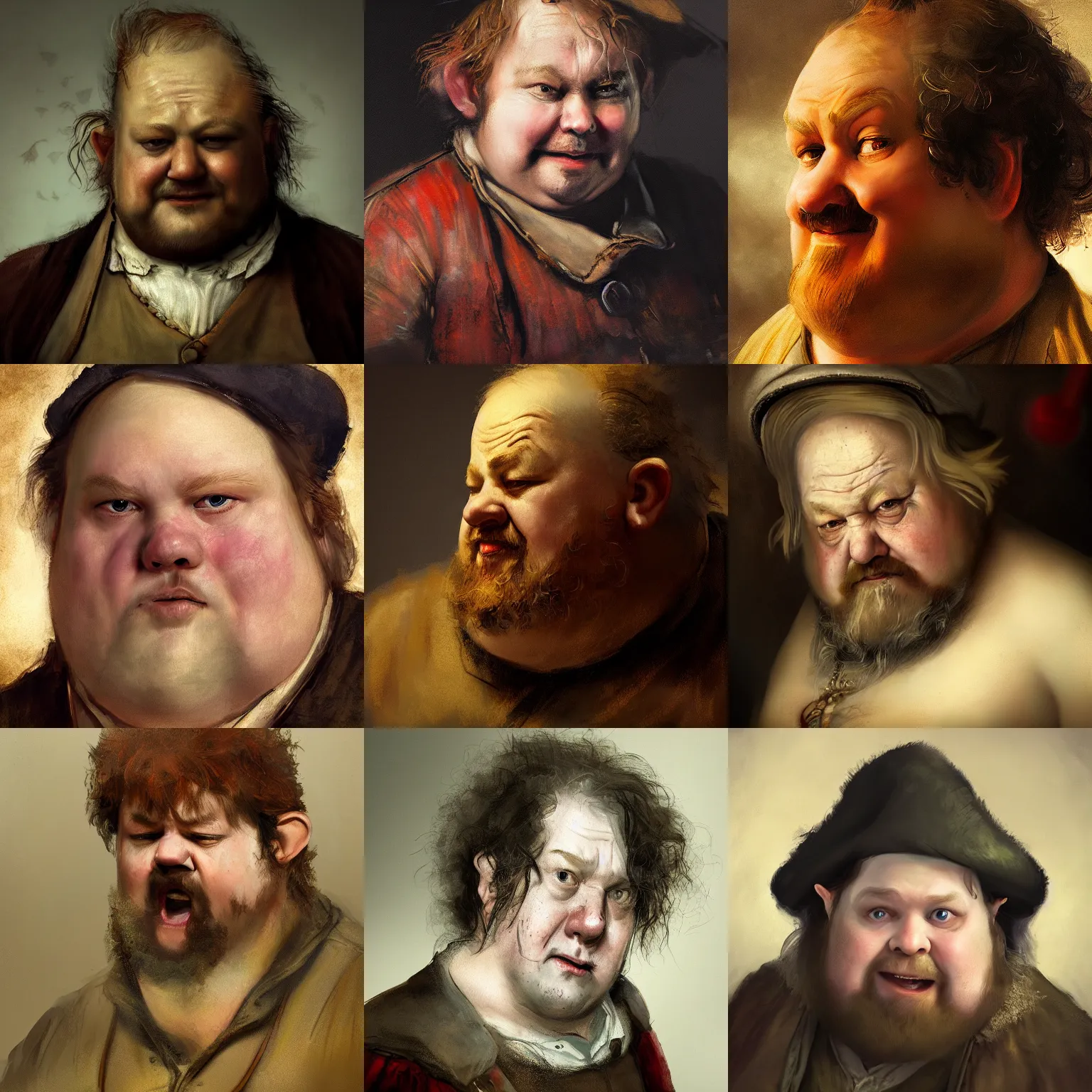 Prompt: detailing character concept portrait painting of fat Red-faced drunken hobbit, art station, trending, editor’s pickup, delicate detailing by Rembrandt, 3/4 view, cinematic lighting, simple background, medium close up shot, super sharp