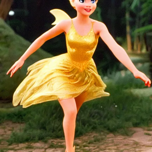 Image similar to tinkerbell landing on a hand, golden dress, disney movie ( 1 9 8 9 )