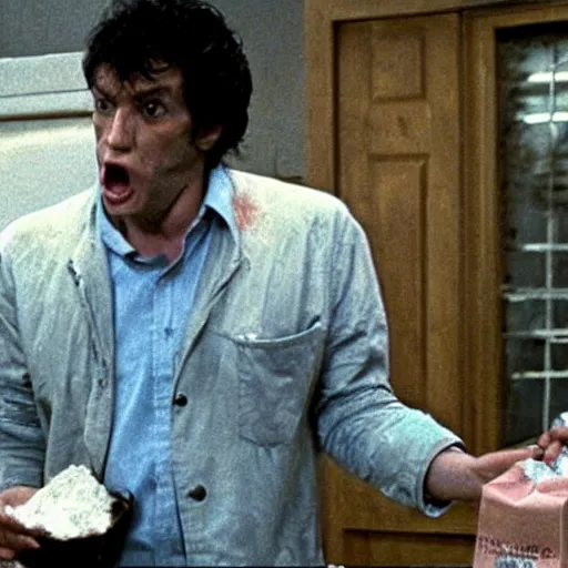 Prompt: film still of a funny looking werewolf with his hand extended, looking at a bag of flour, in an american werewolf in london