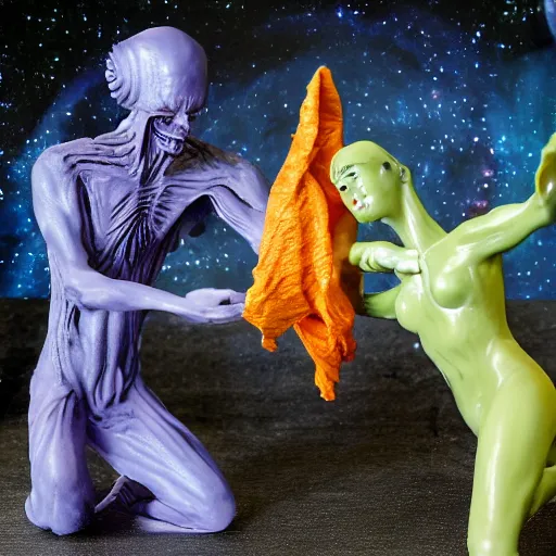 Image similar to Wax figurine of an alien priestess fighting a wax figuring of a cosmic monster