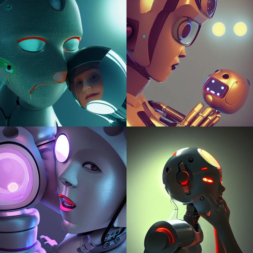 Prompt: girl kissing a robot, closeup, back light, 70mm, by Dan mcpharlin, 8k render, cgsociety,