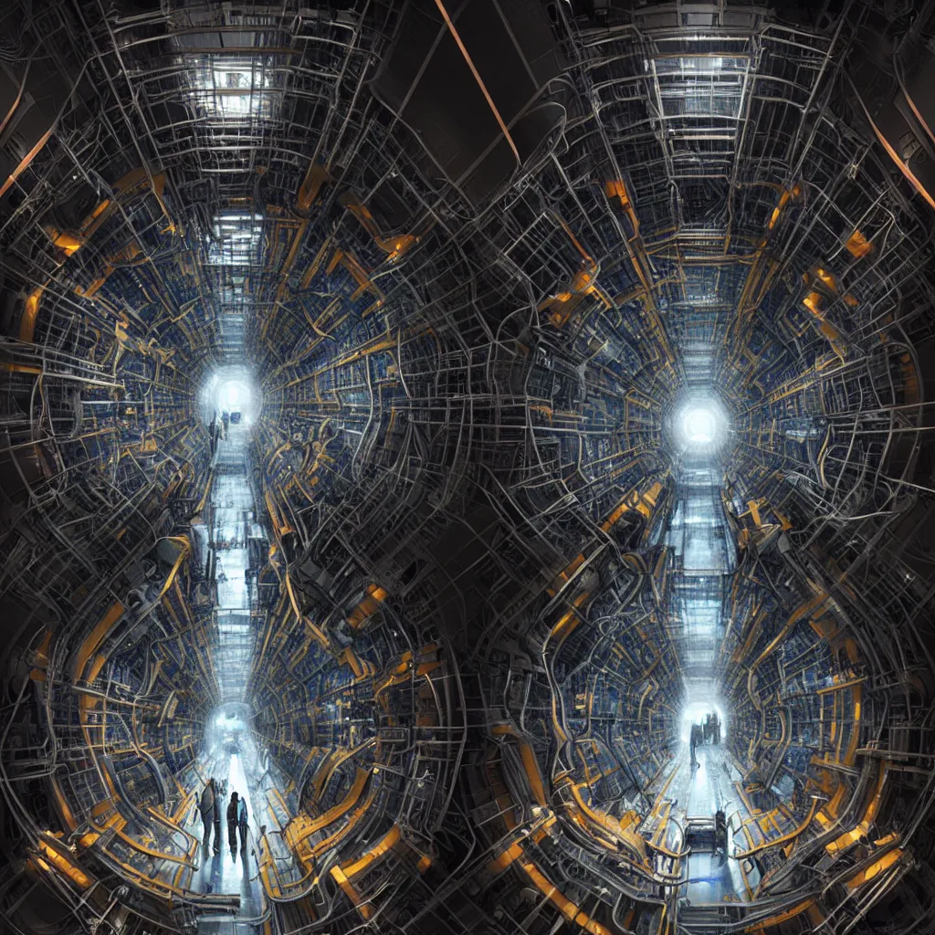 Prompt: man trapped inside cern large hadron collider, pulled apart, ultra high definition, ultra detailed, symmetry, matte painting, by greg rutkowski and ross tran and wlop