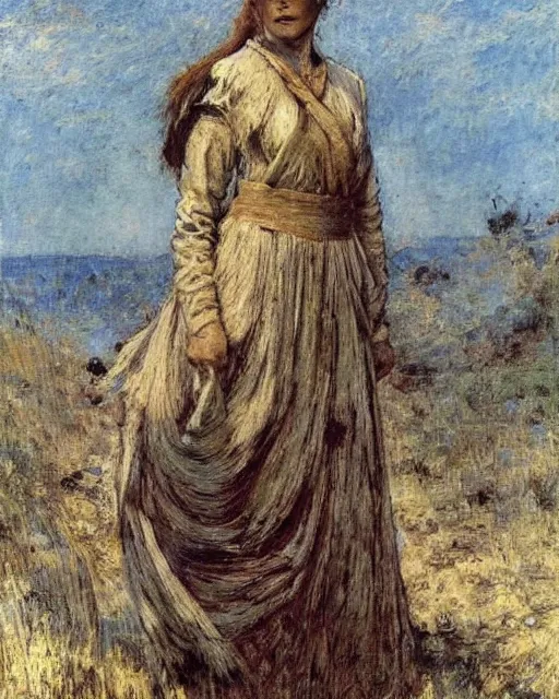 Image similar to a beautiful and strong female warrior by Jules Bastien-Lepage and Laura Sava