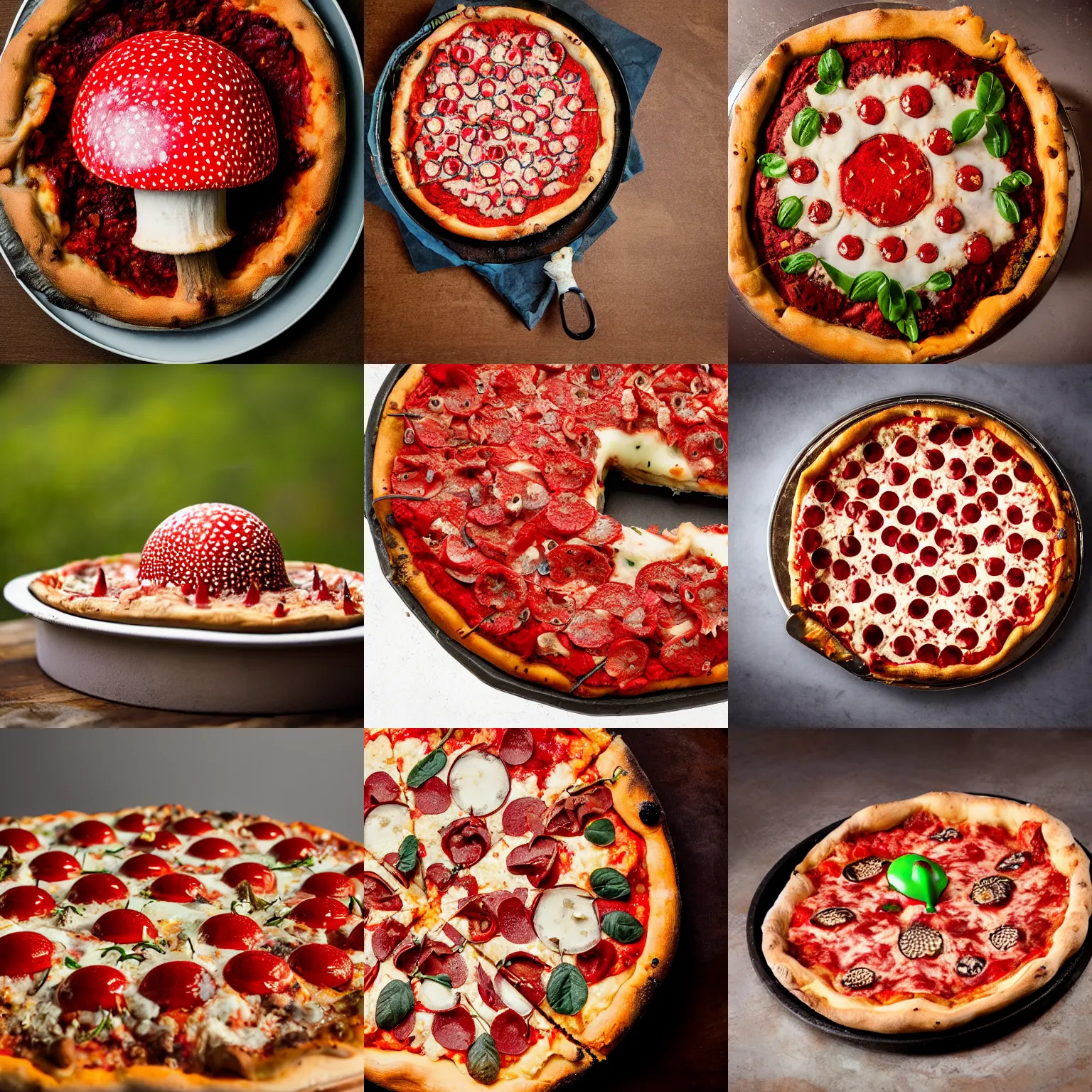 Prompt: spotted amanita muscaria on top of a deep dish pizza viewed from the side, ten spotted amanita muscaria, on a table, professional food photography