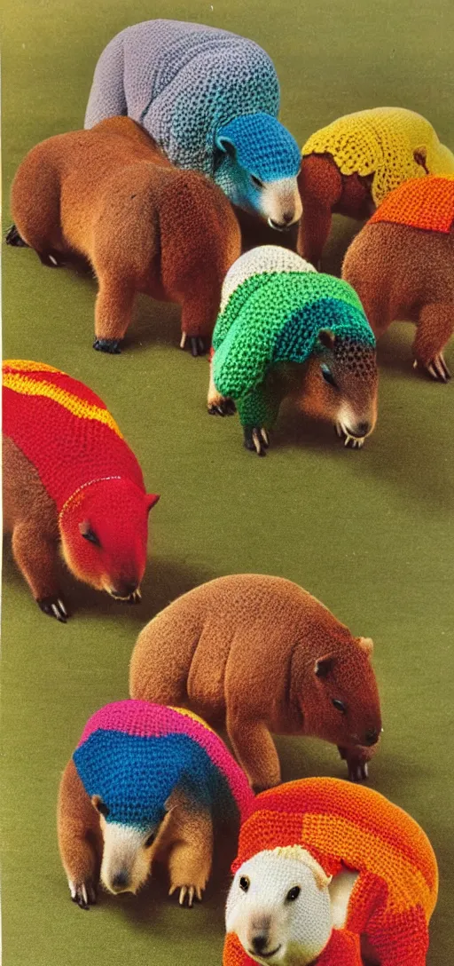 Image similar to multicolored crocheted capybaras, 1 9 8 0 s catalogue photo