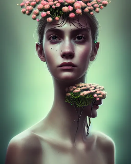 Image similar to a digital portrait of a beautiful sad woman with flowers and fungus growing out of her head and eyes, intricate, sharp focus, digital illustration, highly detailed, octane render, digital painting, matte, art by professional artist