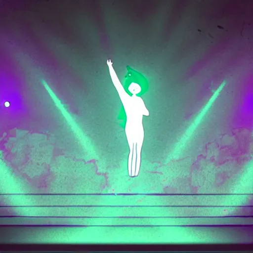 Image similar to a person on a stage with their arms in the air, a hologram by yasutomo oka, featured on pixiv, holography, seapunk, anime, glowing lights.