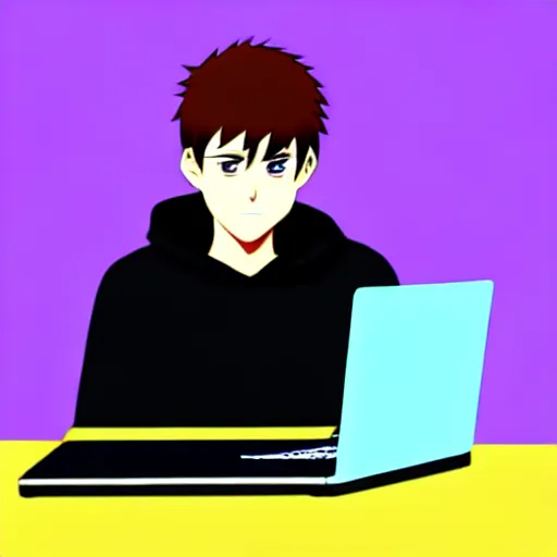 Image similar to a smart teenager boy with a black hoodie sitting behind his laptop and programming, digital art, anime style