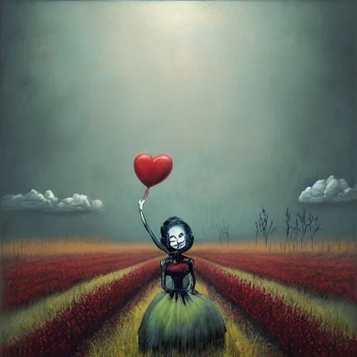 Image similar to grunge painting of a cornfield with a wide smile and a red balloon by chris leib, loony toons style, pennywise style, corpse bride style, horror theme, detailed, elegant, intricate, conceptual, volumetric light