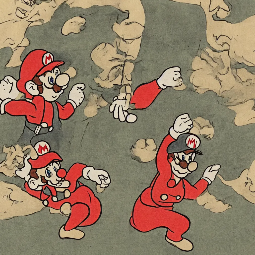 Prompt: Mario depicted as an Edo-era illustration