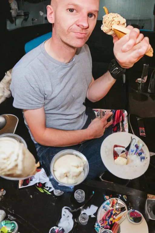 Prompt: Jono Grant from Above & Beyond eating an ice cream