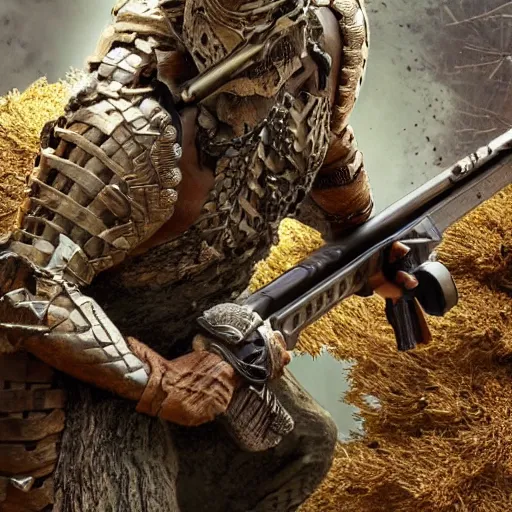 Image similar to warrior with surface of tree - bark, wearing stone wood vines armor, holding laser rifle, battlefield, highly detailed, dramatic lighting, cinematic, sci - fi, hyperrealistic, detailed