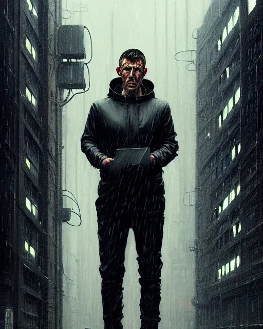 Image similar to blade runner, hyper - realistic portrait man in hoodie, real street, rain, cinematic, by atey ghailan, by greg rutkowski, by greg tocchini, by james gilleard, by joe fenton, by kaethe butcher, 8 k, very intricate, 8 0's, night