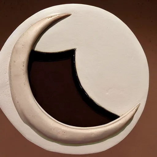 Image similar to anthropomorphic crescent moon sculpture, crescent moon face, ceramic, photograph, fine art, glazed ceramic, kitsch,