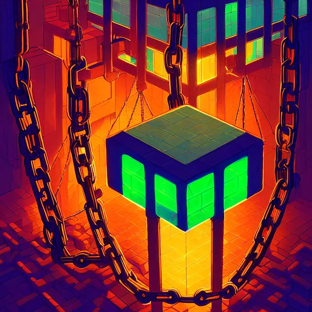 Prompt: glowing blocks tied together with chains, centered, symmetry, painted, intricate, volumetric lighting, beautiful, rich deep colors masterpiece, sharp focus, ultra detailed, in the style of dan mumford and marc simonetti