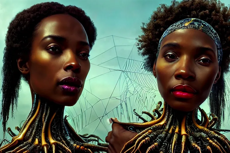 Prompt: realistic detailed closeup portrait movie shot of a beautiful black woman with a giant spider, dystopian city landscape background by denis villeneuve, amano, yves tanguy, alphonse mucha, max ernst, ernst haeckel, kehinde wiley, caravaggio, cyber necklace, rich moody colours, sci fi patterns, wide angle